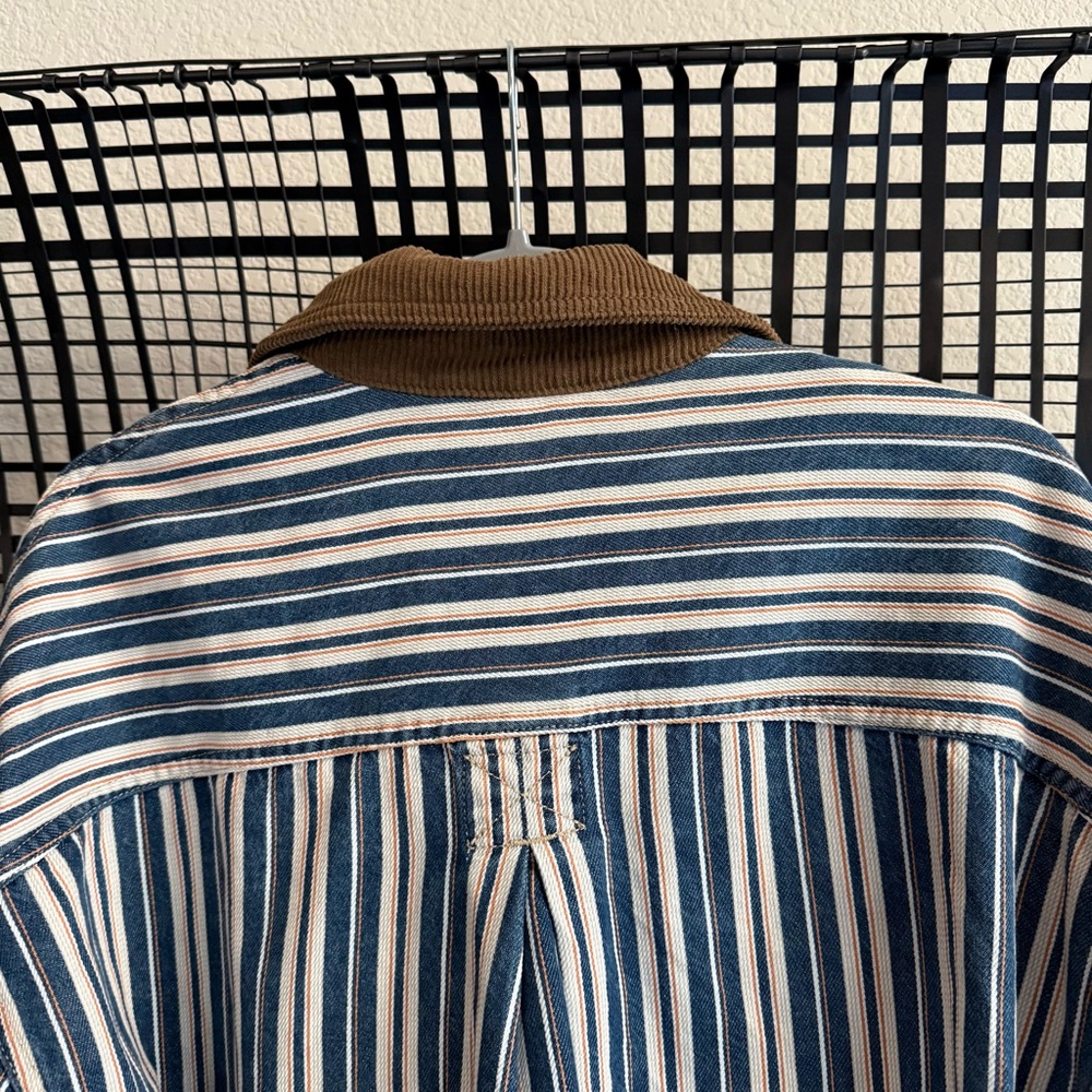 Free People Blue and White Striped Jean Jacket with Brown Corduroy Collar - Picture 6 of 8